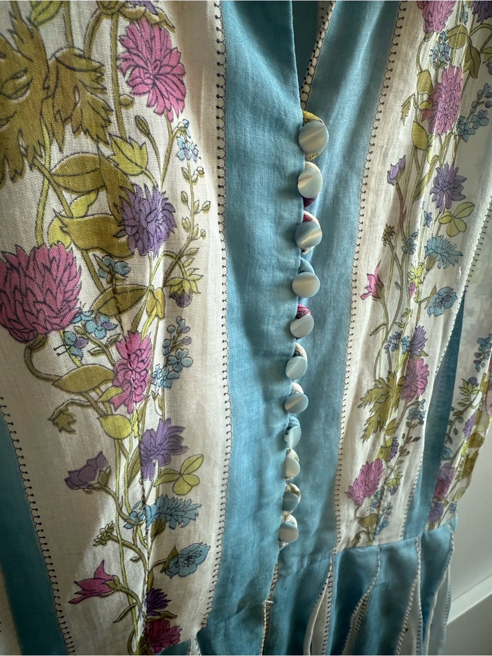 Vintage Blue and Cream Floral-Stripe Dress - Picture 3 of 7